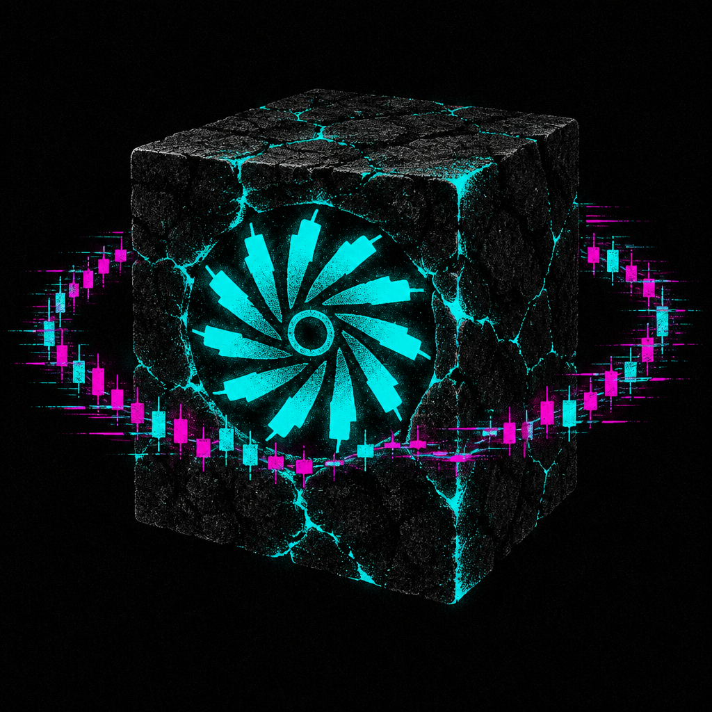 An obsidian cube engine orbited by candlesticks