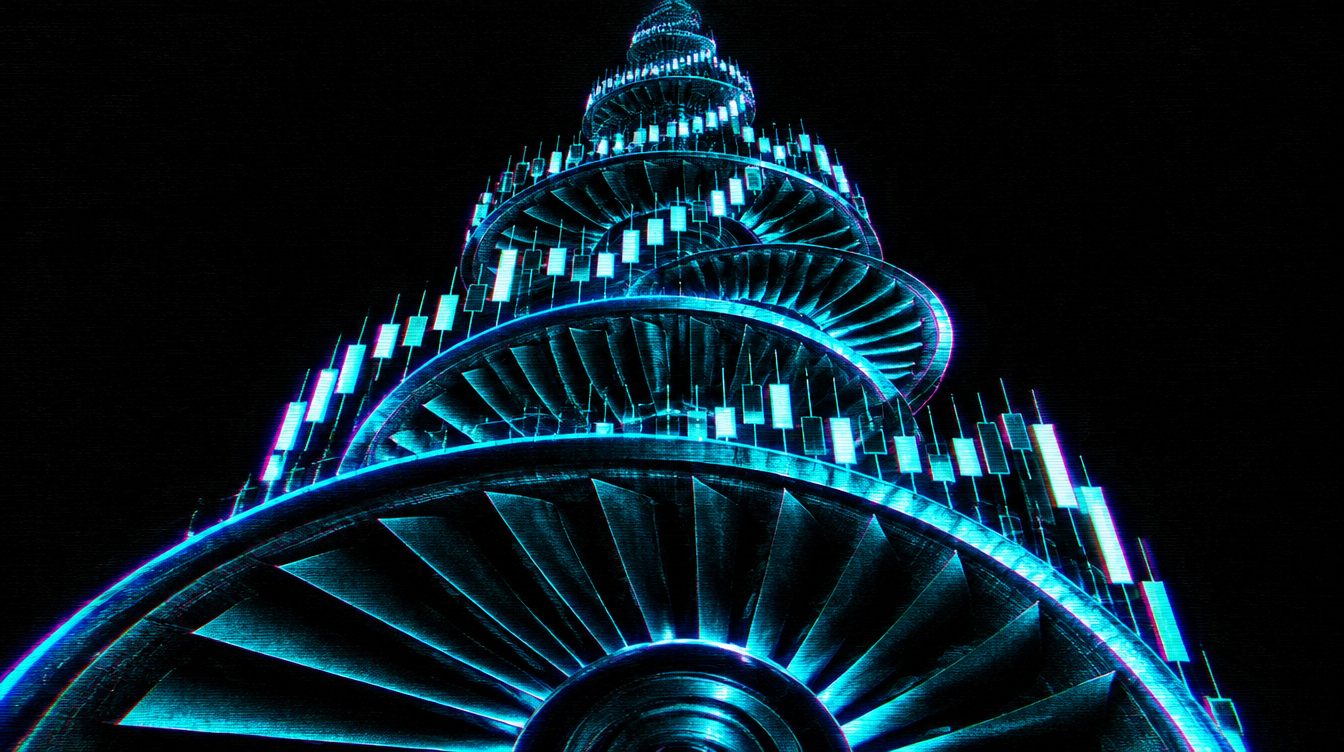 The Engine: candlesticks and turbine blades spiralling upward into black